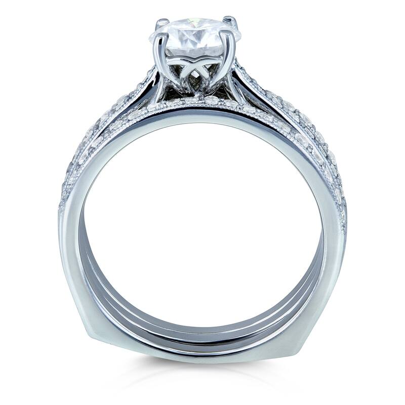 Annello by Kobelli 14k Gold 1 3/5ct TGW Round Forever One Moissanite and Diamond Square Shank Vintage Trellis Bridal Rings Set