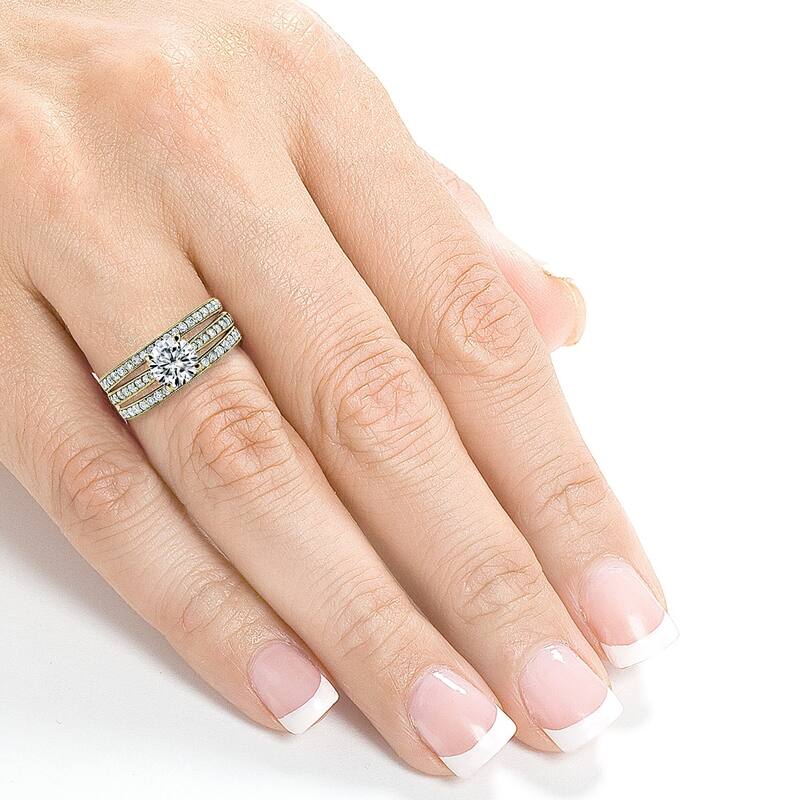 Annello by Kobelli 14k Gold 1 3/5ct TGW Round Forever One Moissanite and Diamond Square Shank Vintage Trellis Bridal Rings Set