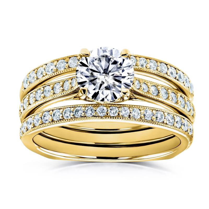 Annello by Kobelli 14k Gold 1 3/5ct TGW Round Forever One Moissanite and Diamond Square Shank Vintage Trellis Bridal Rings Set