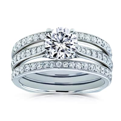 Annello by Kobelli 14k Gold 1 3/5ct TGW Round Forever One Moissanite and Diamond Square Shank Vintage Trellis Bridal Rings Set