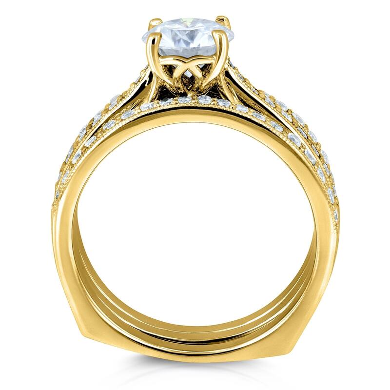 Annello by Kobelli 14k Gold 1 3/5ct TGW Round Forever One Moissanite and Diamond Square Shank Vintage Trellis Bridal Rings Set