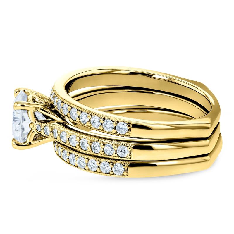 Annello by Kobelli 14k Gold 1 3/5ct TGW Round Forever One Moissanite and Diamond Square Shank Vintage Trellis Bridal Rings Set
