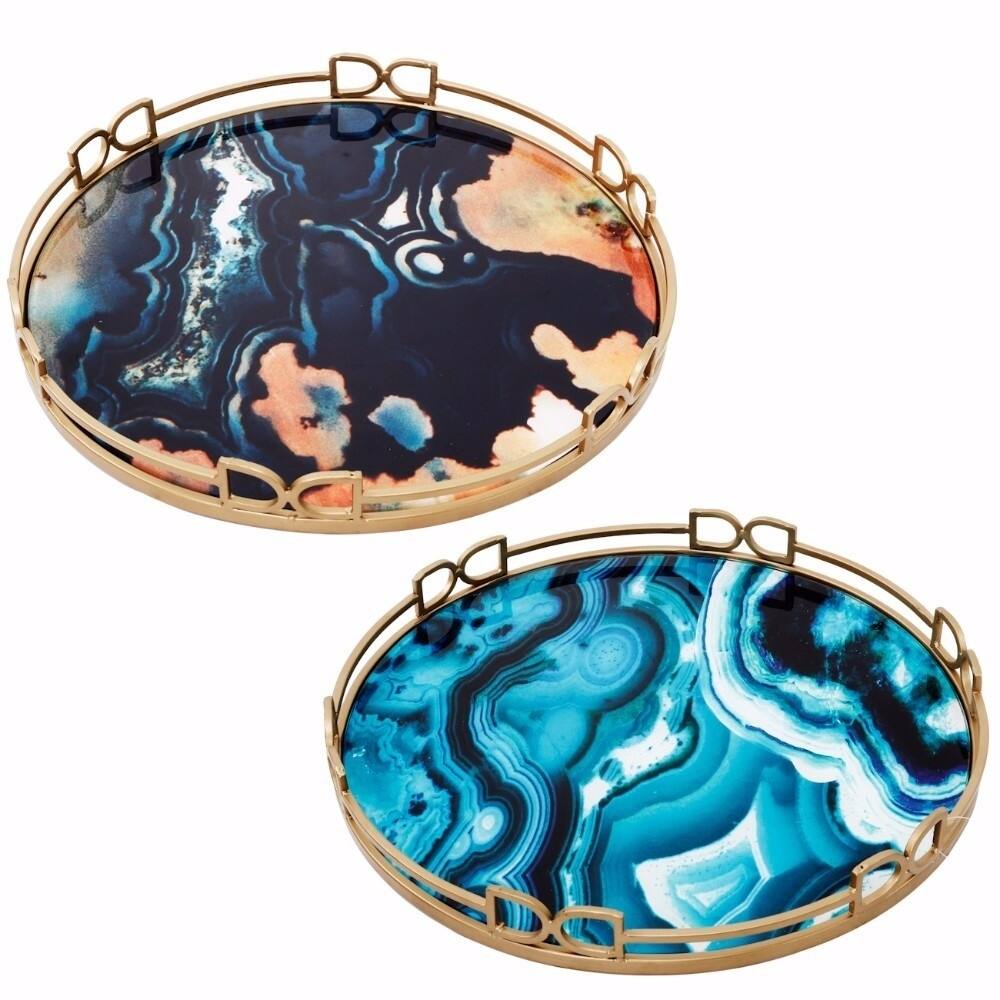 Art Glass and Metal Round Gallery Trays, Set of 2, Multicolor