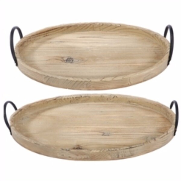 Shop Lovely Oval Shape Wooden Trays With Side Handles, Brown, Set Of 2