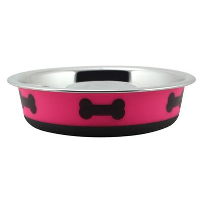 Slow Feeder Spill Proof Pet Bowl with Rubber Base and Bone Design, Pink and Black