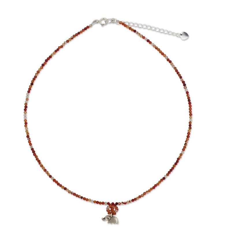 Handmade Sterling Silver 'Elephantine Charm' Carnelian Necklace (Thailand)
