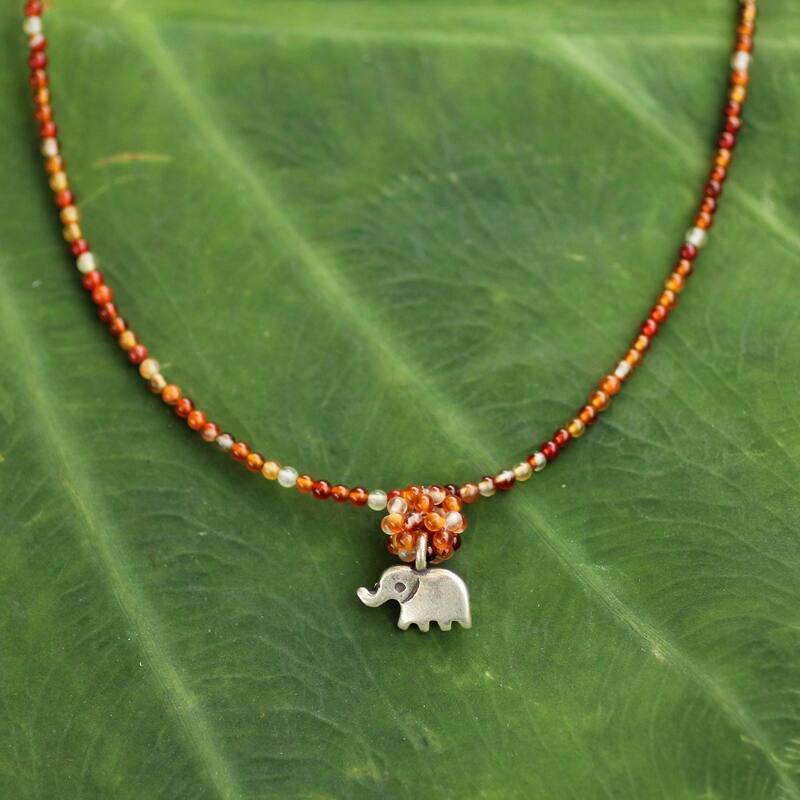 Handmade Sterling Silver 'Elephantine Charm' Carnelian Necklace (Thailand)
