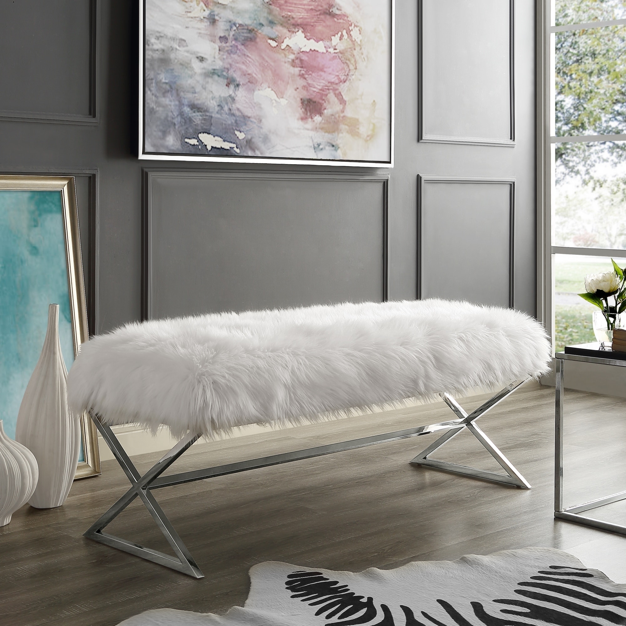 Della Modern Faux Fur Entryway Bench