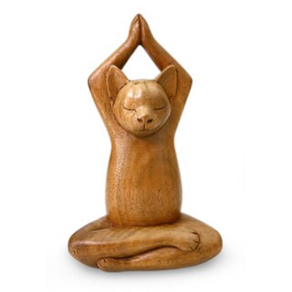 NOVICA Handmade Wood Sculpture, 'Toward The Sky Brown Yoga Cat ...