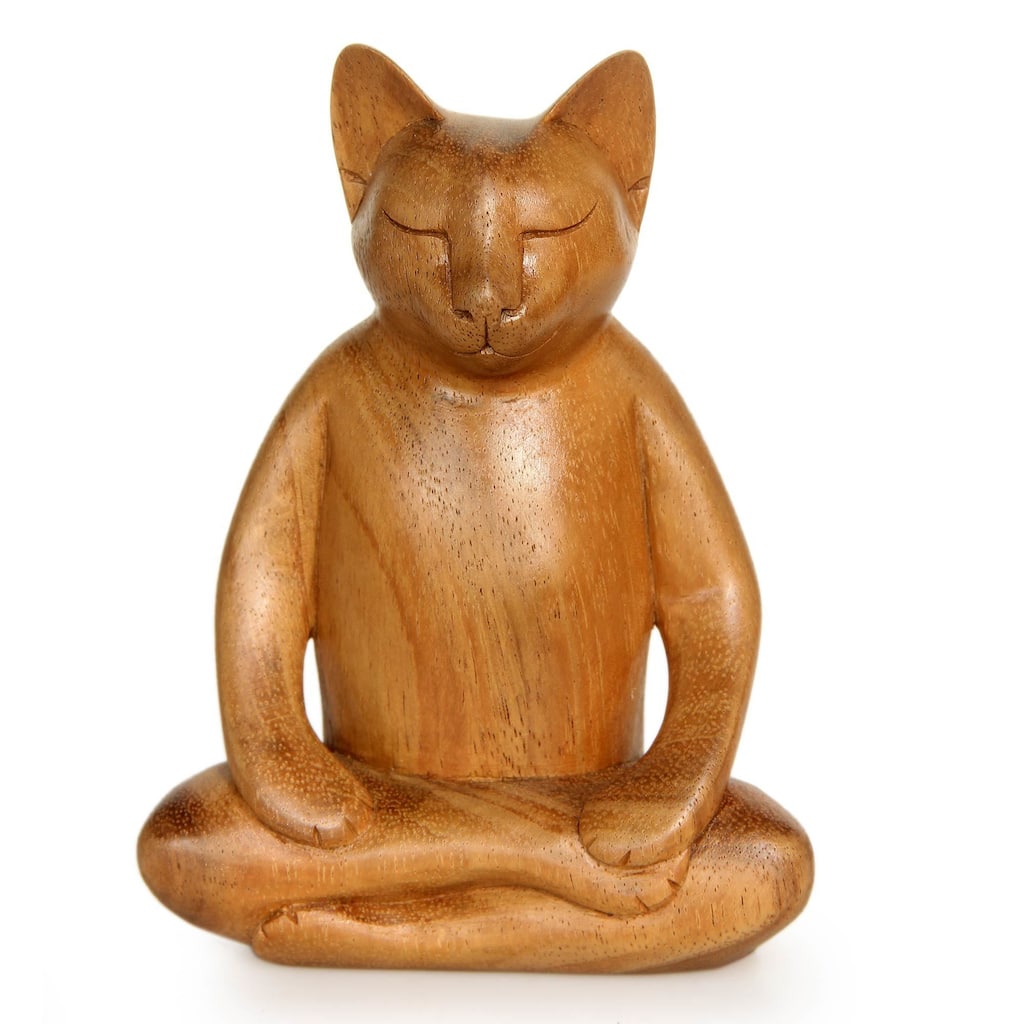 Handmade Wood Sculpture, 'Ginger Cat Does Yoga' (Indonesia) - 6.25" H x 4.5" W x 2.4" D