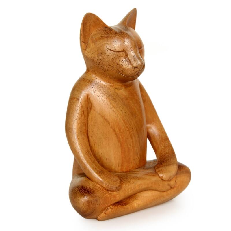 Handmade Wood Sculpture, 'Ginger Cat Does Yoga' (Indonesia) - 6.25" H x 4.5" W x 2.4" D