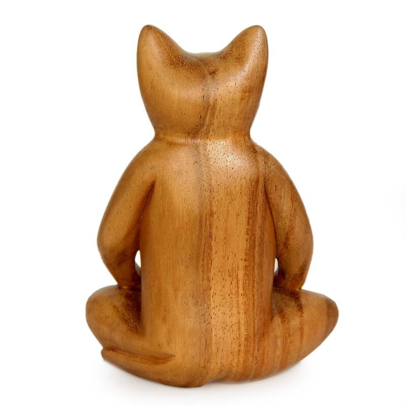 Handmade Wood Sculpture, 'Ginger Cat Does Yoga' (Indonesia) - 6.25" H x 4.5" W x 2.4" D