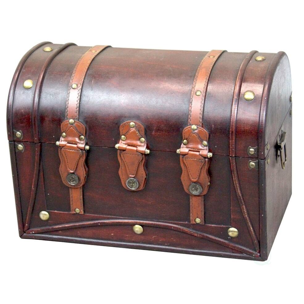Decorative Antique Style Wood and Leather Round Top Trunk with Straps