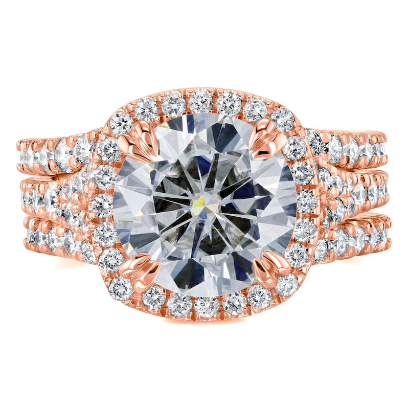 Annello by Kobelli 14k Gold 4 1/3ct TGW Round Moissanite and Diamond Cushion Halo Bridal Wedding Rings Set, 3-pc