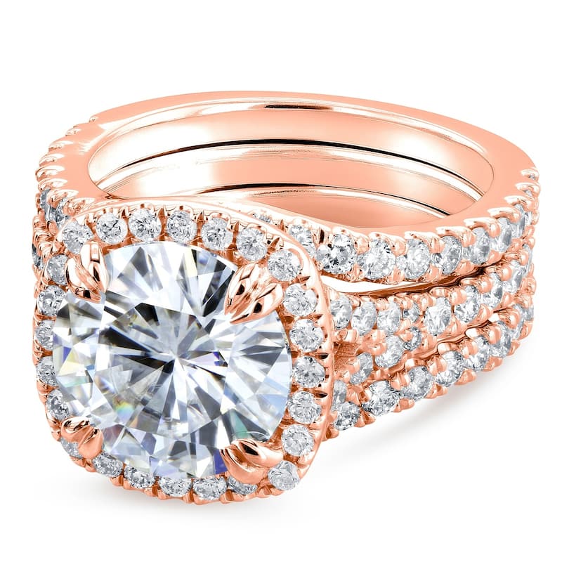 Annello by Kobelli 14k Gold 4 1/3ct TGW Round Moissanite and Diamond Cushion Halo Bridal Wedding Rings Set, 3-pc