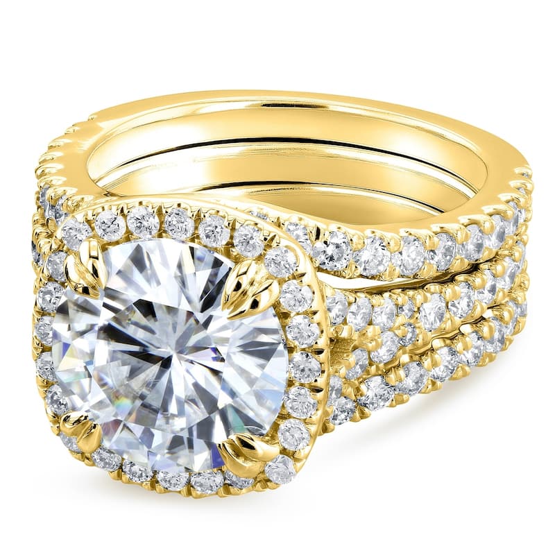 Annello by Kobelli 14k Gold 4 1/3ct TGW Round Moissanite and Diamond Cushion Halo Bridal Wedding Rings Set, 3-pc