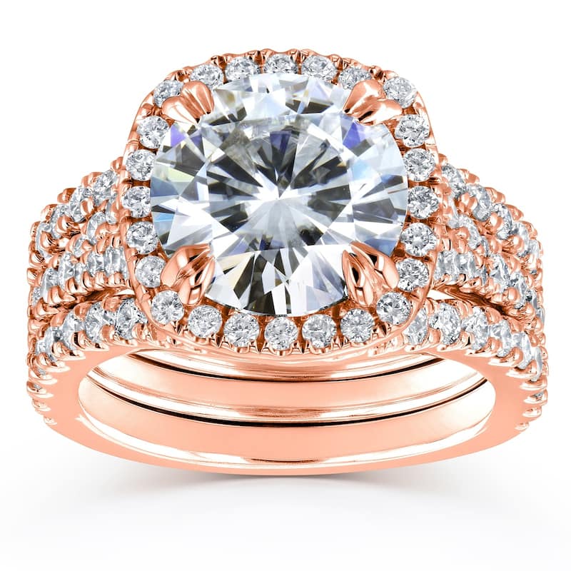 Annello by Kobelli 14k Gold 4 1/3ct TGW Round Moissanite and Diamond Cushion Halo Bridal Wedding Rings Set, 3-pc