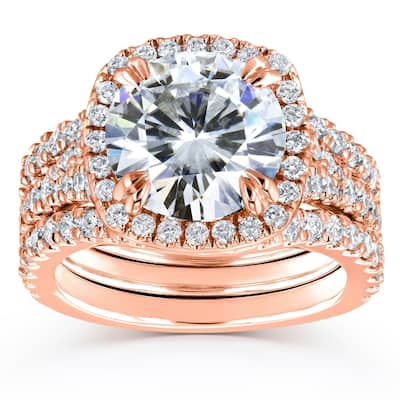 Annello by Kobelli 14k Gold 4 1/3ct TGW Round Moissanite and Diamond Cushion Halo Bridal Wedding Rings Set, 3-pc