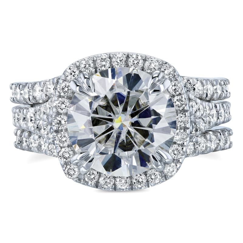 Annello by Kobelli 14k Gold 4 1/3ct TGW Round Moissanite and Diamond Cushion Halo Bridal Wedding Rings Set, 3-pc