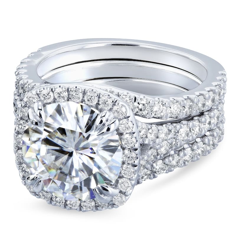 Annello by Kobelli 14k Gold 4 1/3ct TGW Round Moissanite and Diamond Cushion Halo Bridal Wedding Rings Set, 3-pc