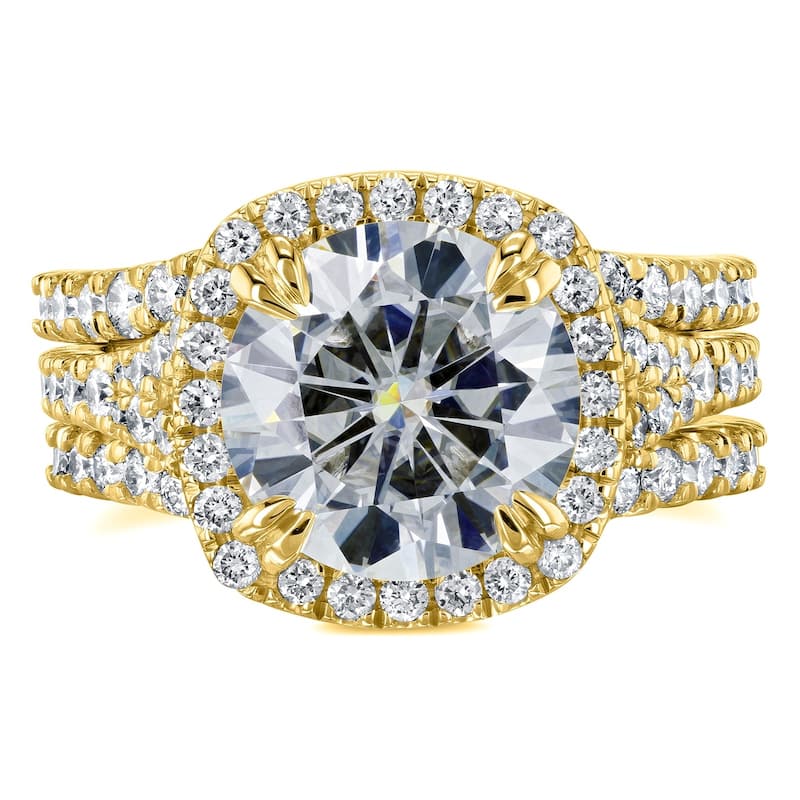 Annello by Kobelli 14k Gold 4 1/3ct TGW Round Moissanite and Diamond Cushion Halo Bridal Wedding Rings Set, 3-pc