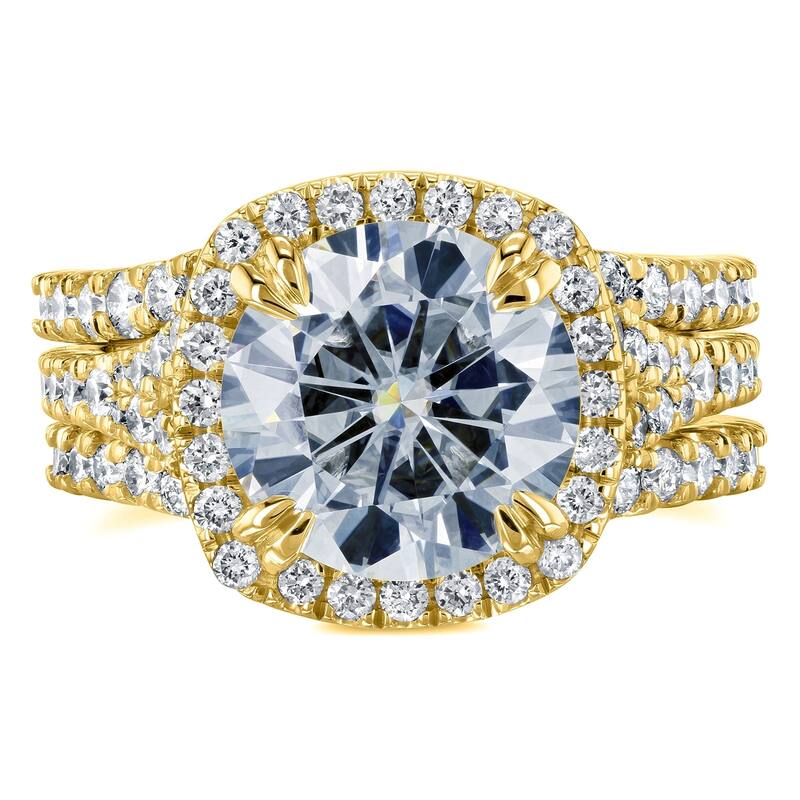 Annello by Kobelli 14k Gold 4 1/3ct TGW Round Forever One Moissanite and Diamond Cushion Halo Bridal Wedding Rings Set, 3-pc