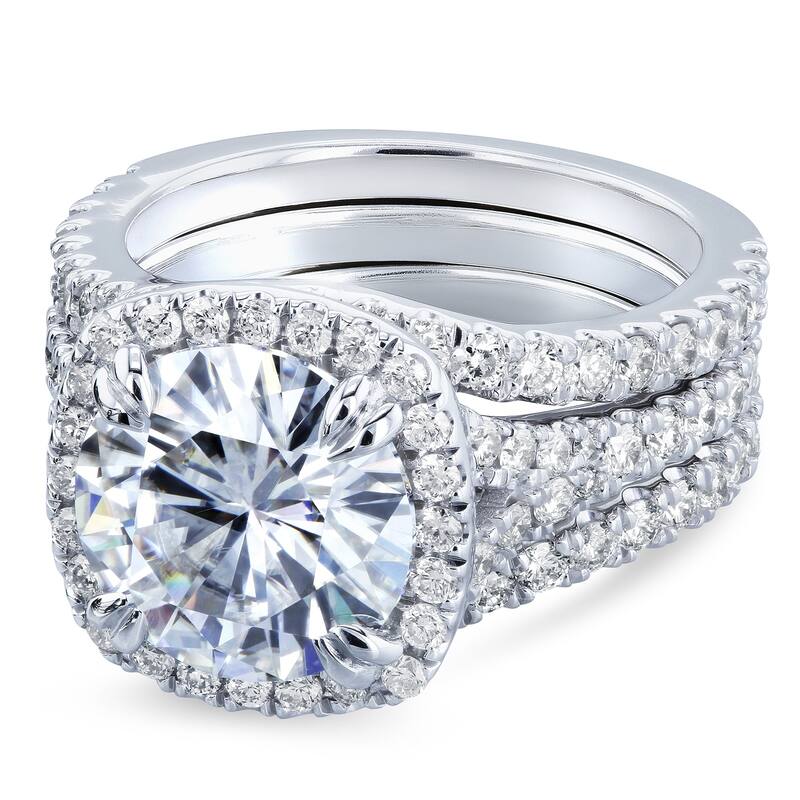 Annello by Kobelli 14k Gold 4 1/3ct TGW Round Forever One Moissanite and Diamond Cushion Halo Bridal Wedding Rings Set, 3-pc