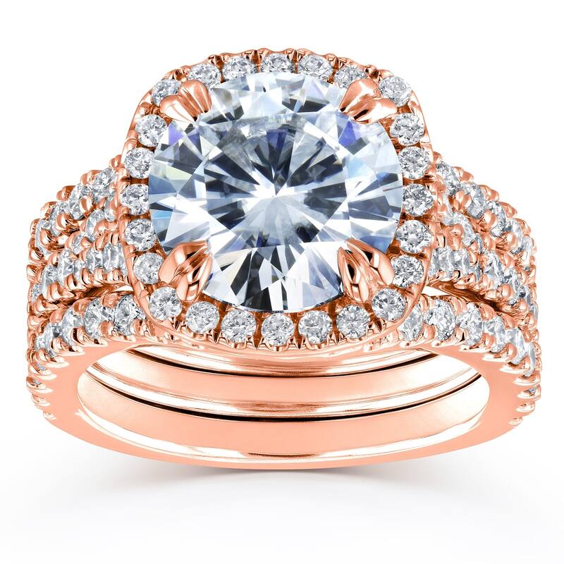 Annello by Kobelli 14k Gold 4 1/3ct TGW Round Forever One Moissanite and Diamond Cushion Halo Bridal Wedding Rings Set, 3-pc - 5.5 - Rose