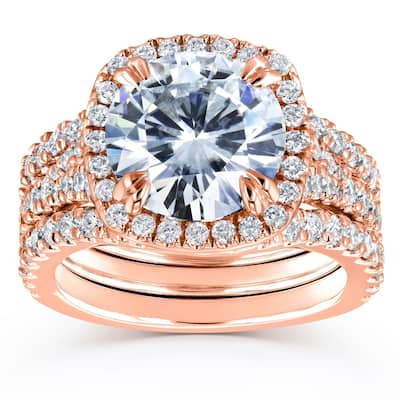 Annello by Kobelli 14k Gold 4 1/3ct TGW Round Forever One Moissanite and Diamond Cushion Halo Bridal Wedding Rings Set, 3-pc
