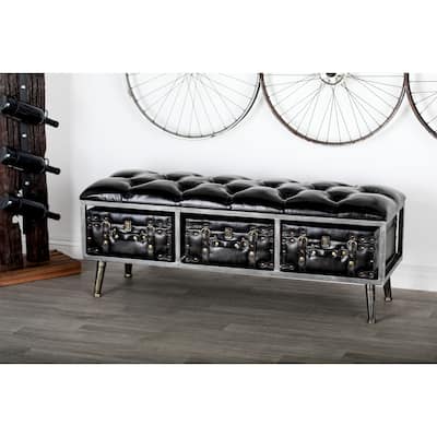 Black Wood Storage Bench with Tufted Faux Leather