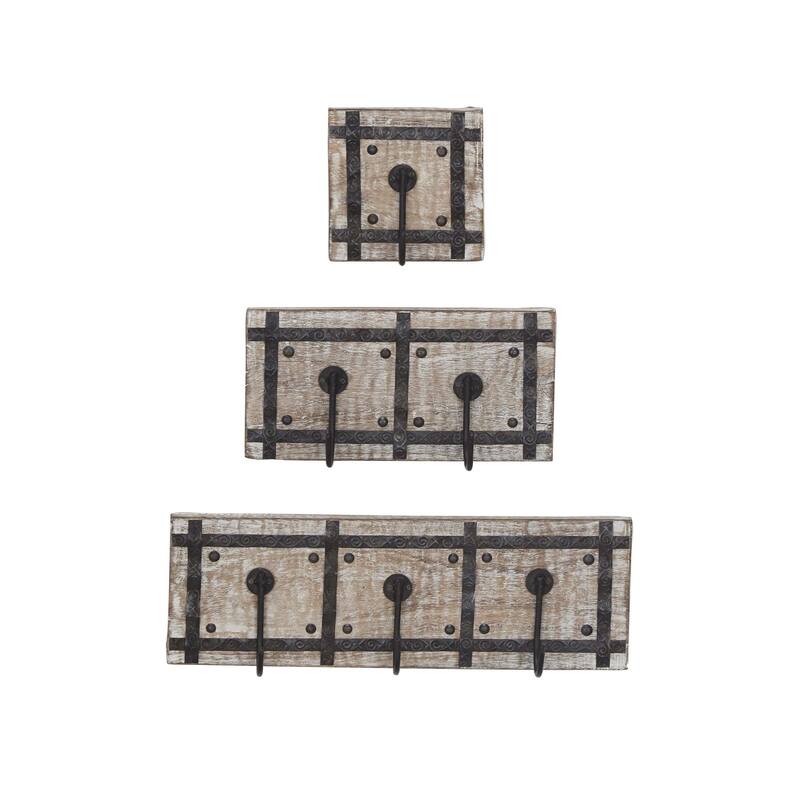 Mango Wood and Iron Framed Wall Hooks (Set of 3)