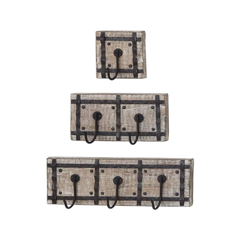 Mango Wood and Iron Framed Wall Hooks (Set of 3)