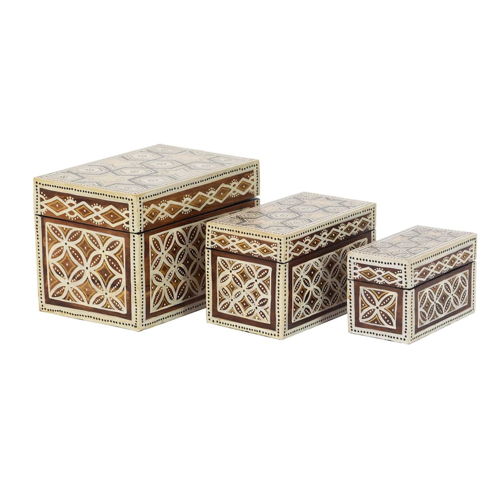 Set of 3 Traditional Wood Star Floral Batik Design Decorative Boxes - Off-white