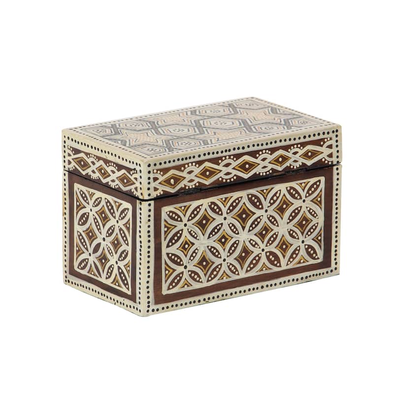 Set of 3 Traditional Wood Star Floral Batik Design Decorative Boxes - Off-white