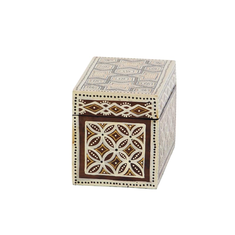 Set of 3 Traditional Wood Star Floral Batik Design Decorative Boxes - Off-white