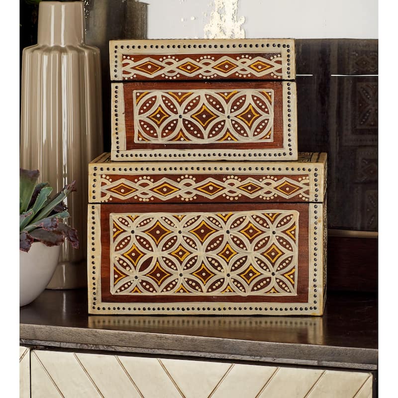 Set of 3 Traditional Wood Star Floral Batik Design Decorative Boxes - Off-white