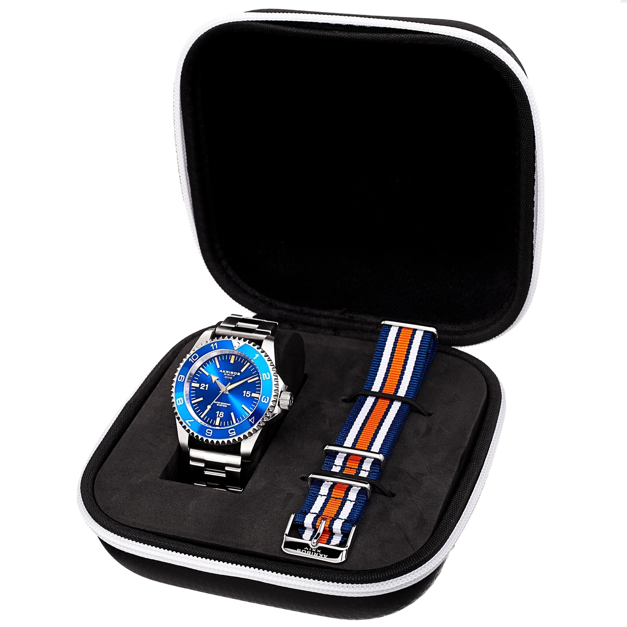 Akribos XXIV Men's Diver Style Quartz Interchangeable Blue Silver