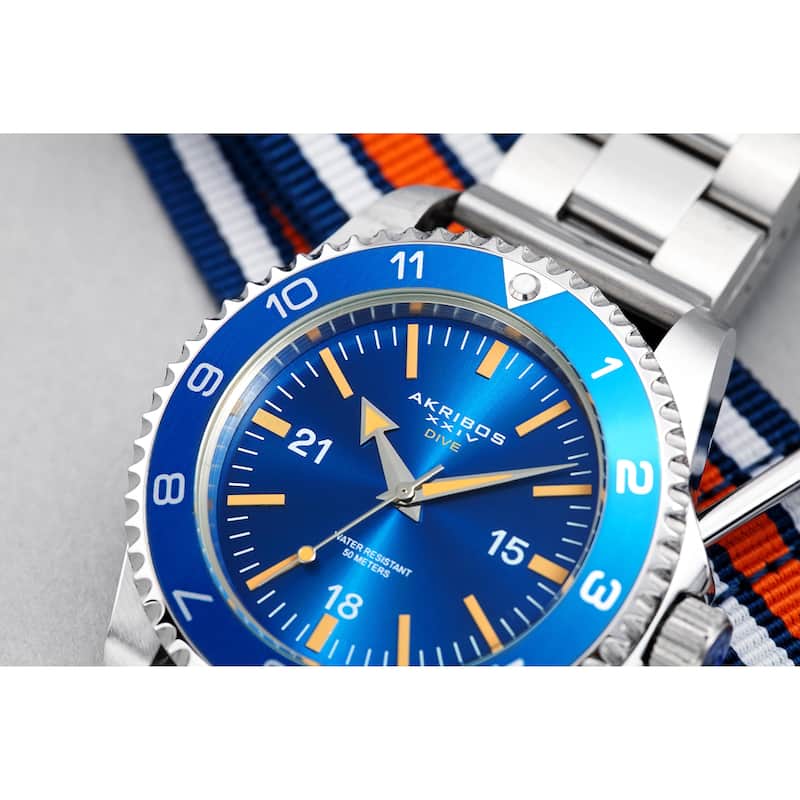 Akribos XXIV Men's Diver Style Quartz Interchangeable Blue Silver-Tone Bracelet Watch