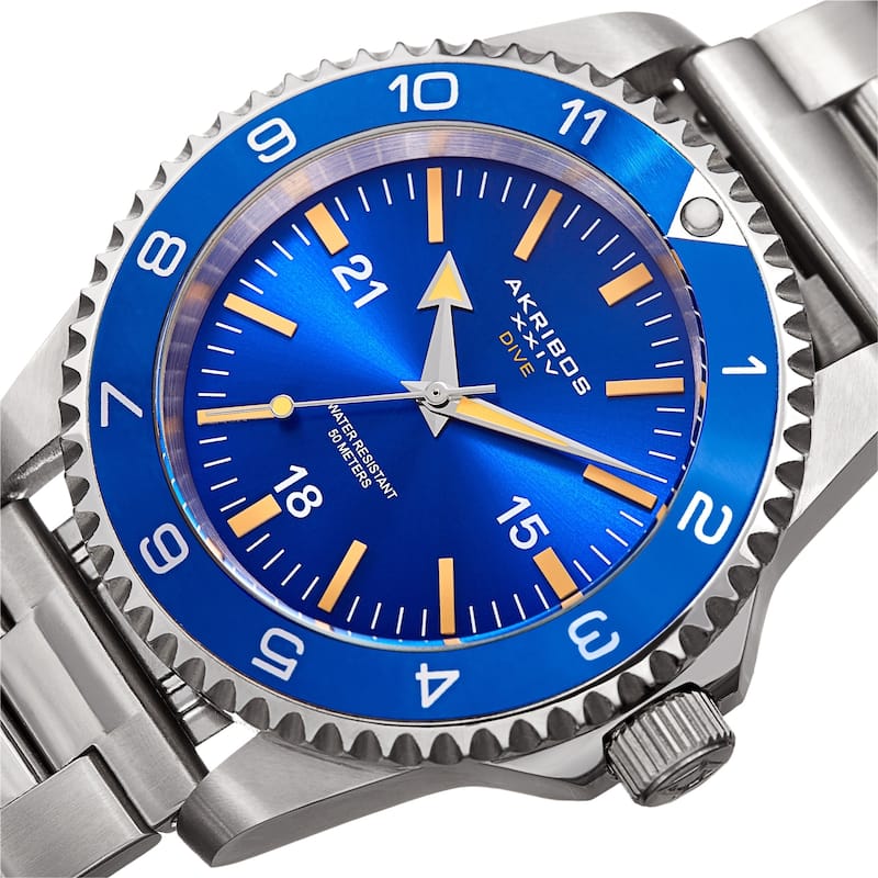 Akribos XXIV Men's Diver Style Quartz Interchangeable Blue Silver-Tone Bracelet Watch