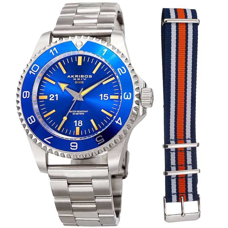 Akribos XXIV Men's Diver Style Quartz Interchangeable Blue Silver-Tone Bracelet Watch