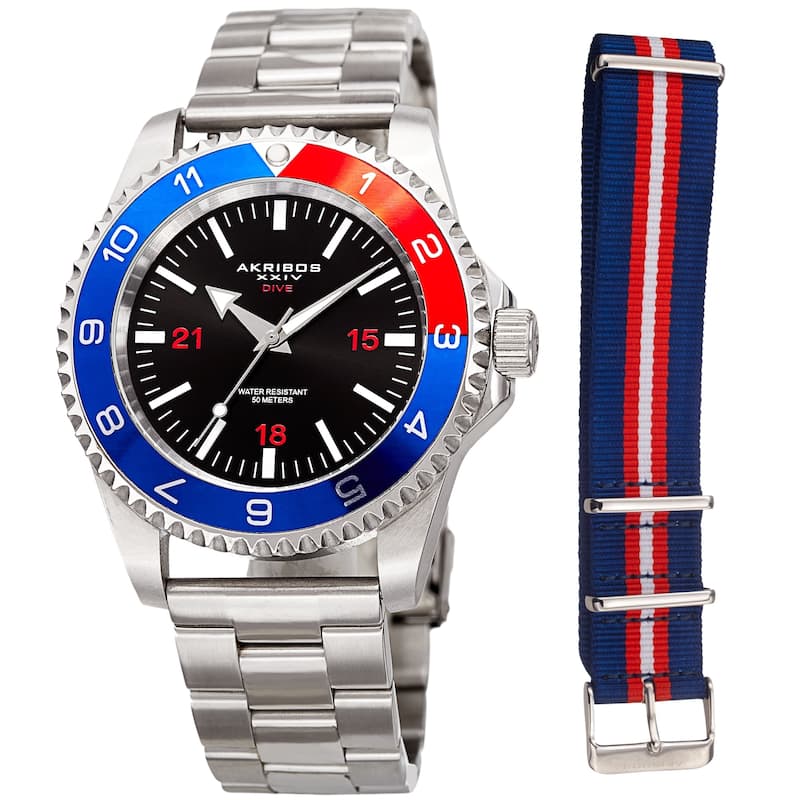 Akribos XXIV Men's Diver Style Quartz Interchangeable Silver-Tone Bracelet Watch