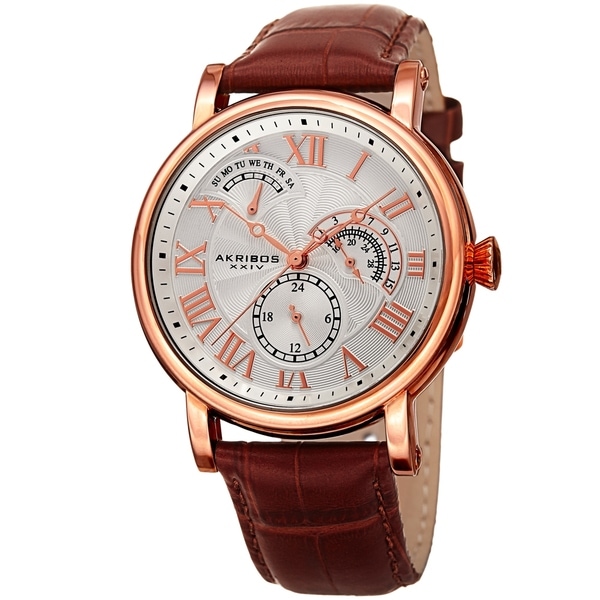 Akribos XXIV Men's Date Alligator Embossed Classic Brown Leather Strap Watch