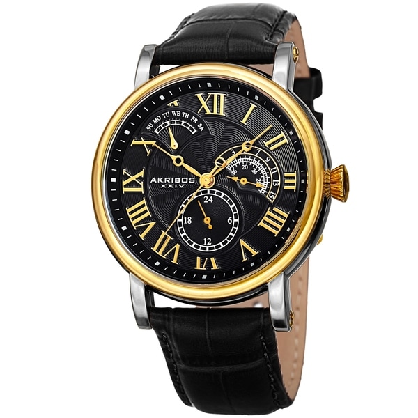 Akribos XXIV Men's Date Alligator Embossed Classic Black Leather Strap Watch