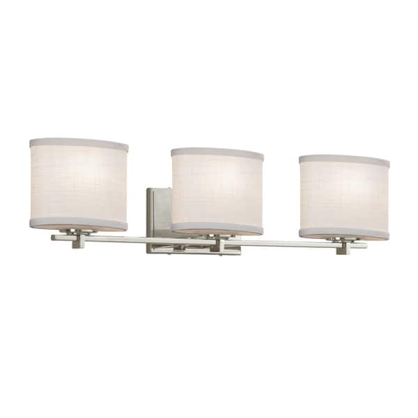 slide 1 of 1, Justice Design Textile Era 3-light Brushed Nickel Bath Light, White Oval Shade