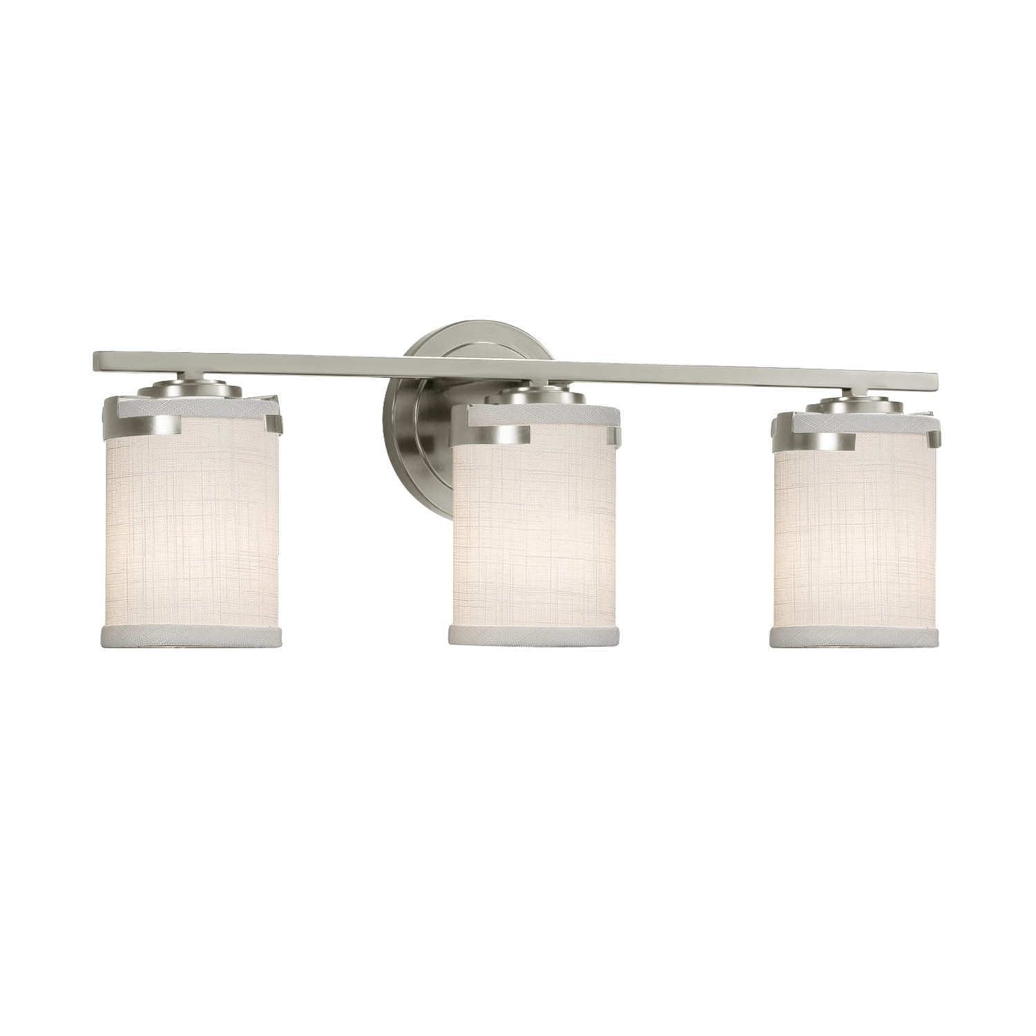 Justice Design Textile Atlas 3-light Brushed Nickel Bath Light, White  Cylinder w/ Flat Rim Shade - Overstock - 19562620