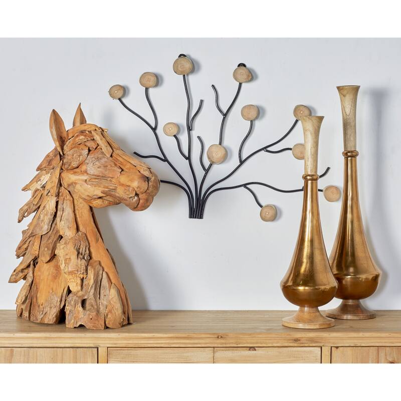 Contemporary Iron and Teak Wood Tree Sculpture Wall Decor