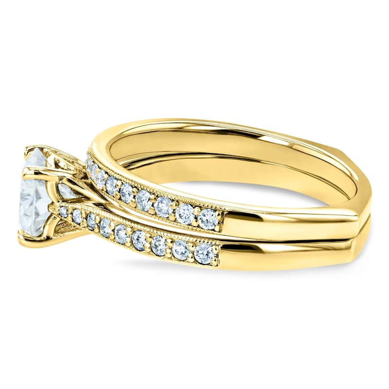 Annello by Kobelli 14k Gold 1 3/5ct TGW Round Forever One DEF Moissanite and Diamond Square Shank Vintage Trellis Bridal Set