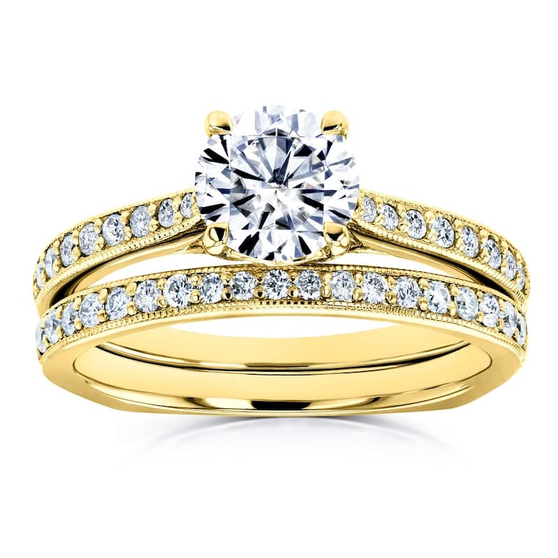 Annello by Kobelli 14k Gold 1 3/5ct TGW Round Forever One DEF Moissanite and Diamond Square Shank Vintage Trellis Bridal Set