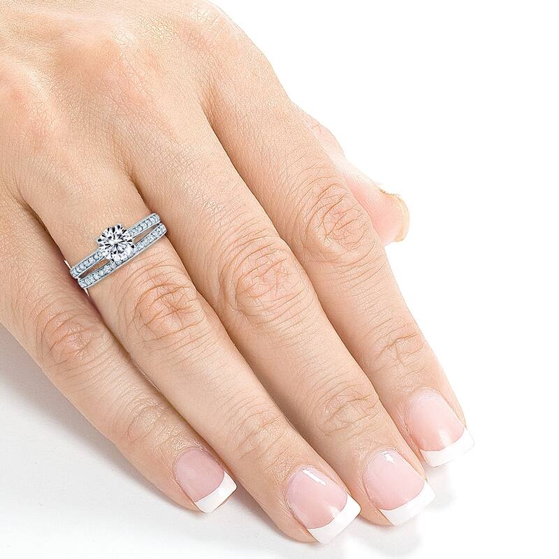 Annello by Kobelli 14k Gold 1 3/5ct TGW Round Forever One DEF Moissanite and Diamond Square Shank Vintage Trellis Bridal Set