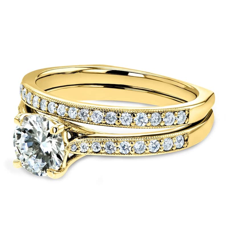 Annello by Kobelli 14k Gold 1 3/5ct TGW Round Moissanite and Diamond Square European Shank Vintage Trellis Bridal Set